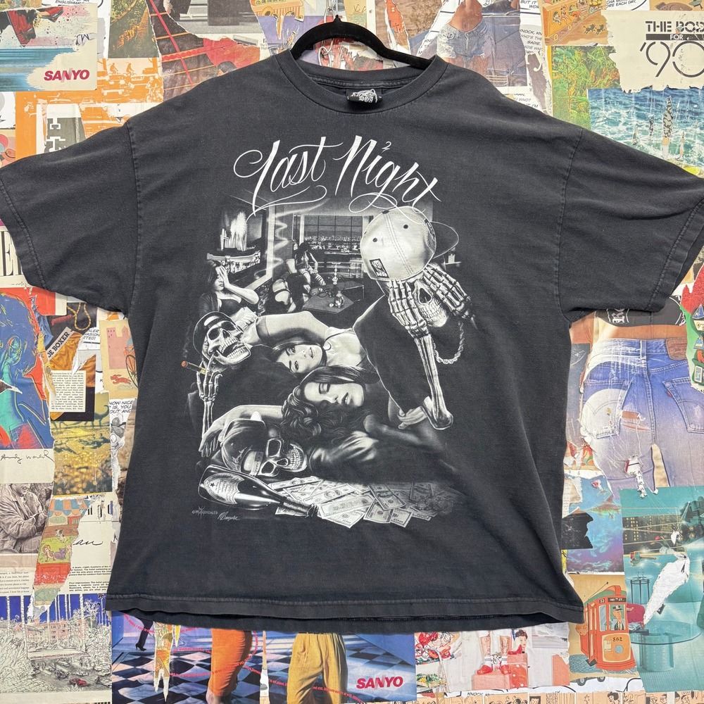 DGA‎ Last Night Skeleton Graphic T Shirt 2XL Black Mens Tattoo Party Gangstr